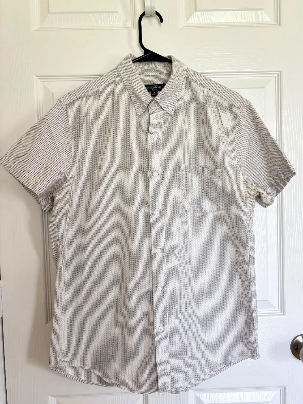 JCrew Mercantile Mens M Stripe Flex Cotton Button Down Shirt Short Sleeve Navy